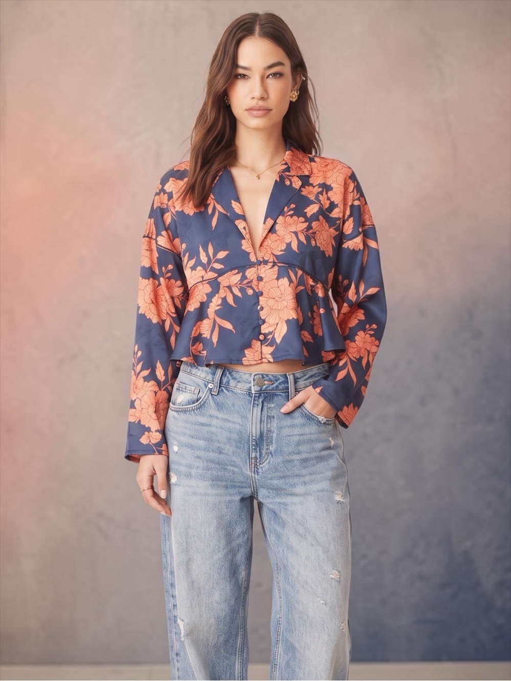 Free People Women’s Intimately Silky 3/4 Sleeve Blue Blouse Size Large